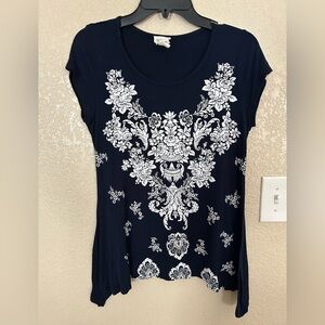 Andrea Jovine Womens Short Sleeve Shirt Navy Blue Floral Paisley Flowy Small